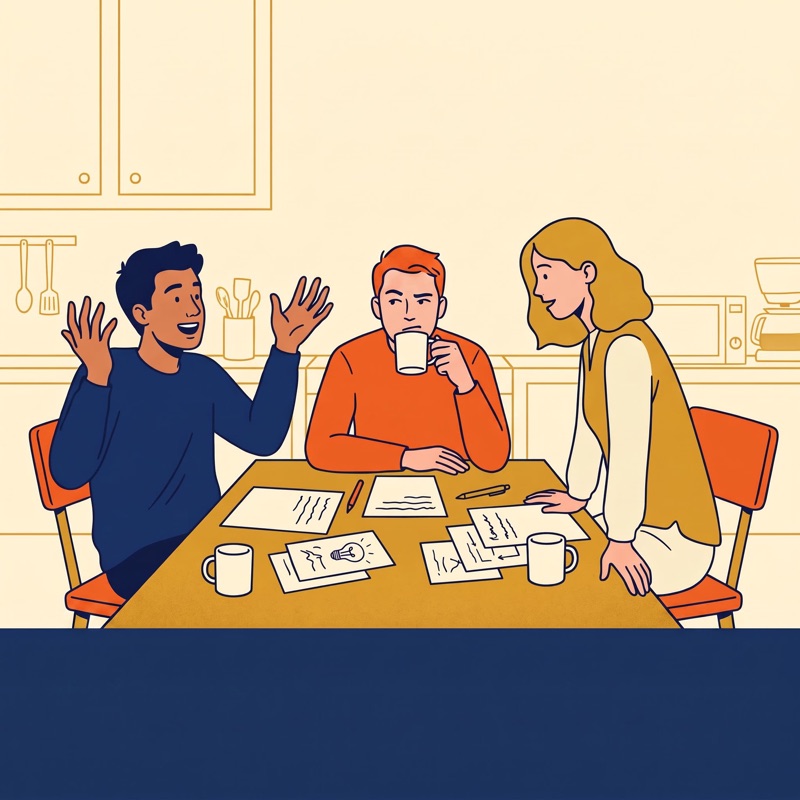 Cover artwork for this show: a flat editorial illustration of three friends in their early twenties around a kitchen table with coffee mugs and notes, one of them talking with both hands raised, in navy, orange, gold and cream, with no text in the picture